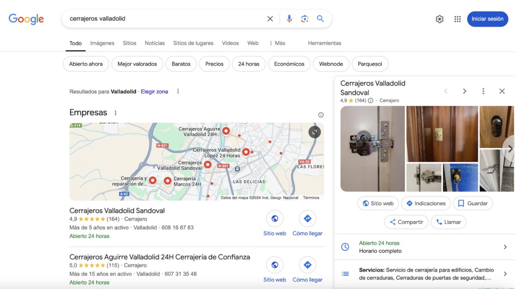 Vista del mapa de Google Maps mostrando resultados orgánicos de cerrajeros Valladolid, destacando la búsqueda de servicios locales tras la restricción de anuncios en Google Ads.